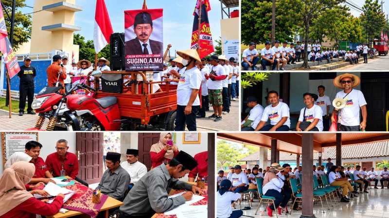 Tim pemenangan dan pendukung Sugino mengiringi proses pendaftaran calon Kepala Desa Laban.